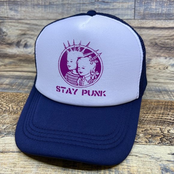 Stay Punk Mens Trucker Hat Navy Snapback Thrash Metal Grindcore Rock Ball Cap - Picture 1 of 8